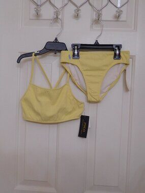 NWT 2pc Polo Ralph Lauren Yellow Swimsuit Blue Logo sz 8